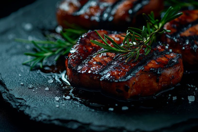 Gegrilltes Steakarrangement auf Steinplatte von Poster Art Shop