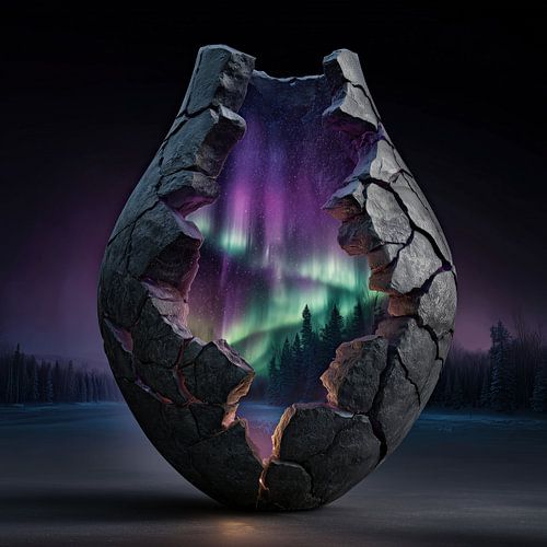 Nordlicht über einer arktischen Landschaft in einer zerbrochenen Vase