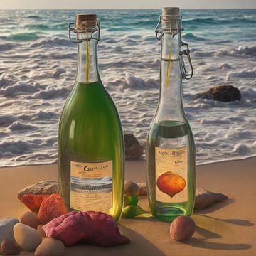 Glazen flessen op het strand van Michael