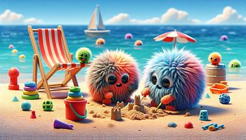 Fluffy friends enjoy a sunny day at the beach by artefacti