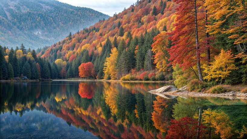 Autumn magic on a quiet lake by Klaus Tesching - Art-AI