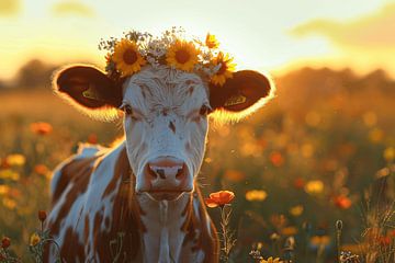 Kuh mit Blumenkranz im Sonnenuntergang - Bezaubernde Fotografie für Natur- und Tierliebhaber von Felix Brönnimann