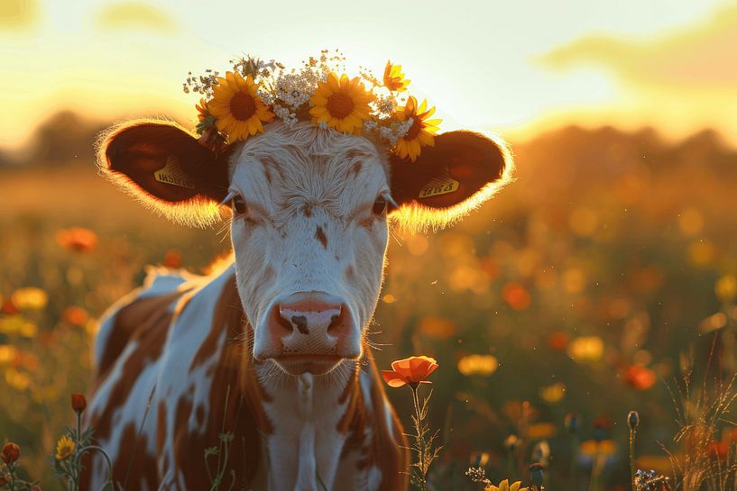 Cow with wreath of flowers in the sunset - Enchanting photography for nature and animal lovers by Poster Art Shop