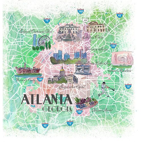 Atlanta Georgia USA Carte illustrée avec les rues, les curiosités et les points forts les plus impor