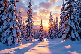 Wintersonnenuntergang in einem schneebedeckten Nadelwald