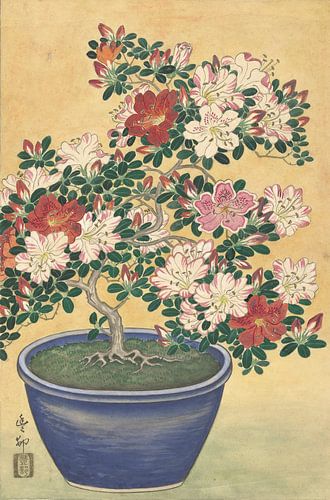 Bloeiende azalea in blauwe pot, Ohara Koson