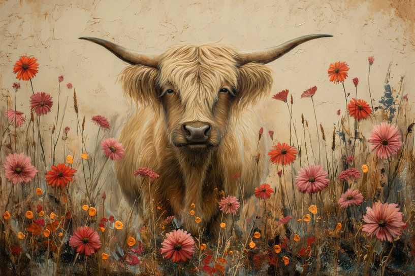 Schottische Highlander-Kuh in einem Meer von Blumen von Eva Lee