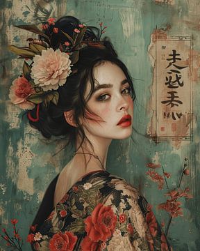 Mischtechnik-Collage "Asiatisches Mädchen" von Studio Allee