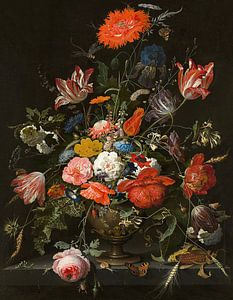 Bloemen in een metalen vaas, Abraham Mignon