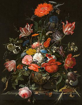 Flowers in a metal vase, Abraham Mignon