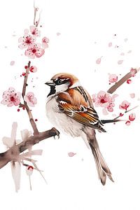 Aquarell Sperling mit Kirschblüten