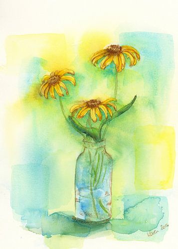 Bloemstilleven met zonnehoed aquarel