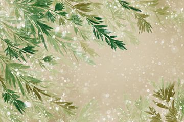 Tannenzweige Aquarell Grün mit Schnee auf Beige Hintergrund von Eva Lee