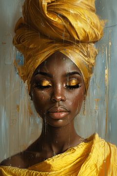 Modern and partly abstract portrait in yellow by Carla Van Iersel
