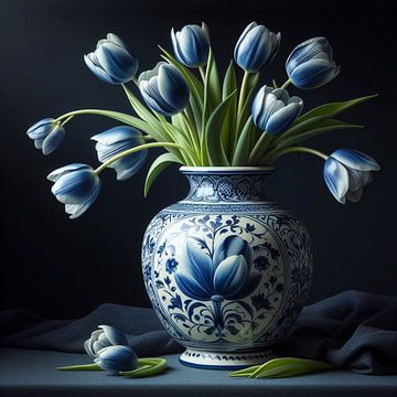 Delfts Blauwe vaas met pastel blauwe tulpen - Holland