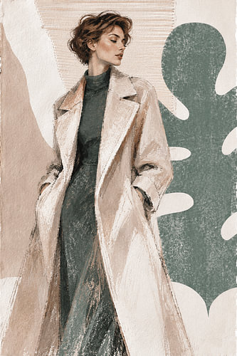 Elegante Frau im Trenchcoat vor botanischem Hintergrund