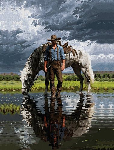 Cowboy en paard reflectie muurkunst - Western landschap