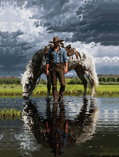 Art mural Cowboy et cheval - Paysage occidental par Ramy Salah Hefny