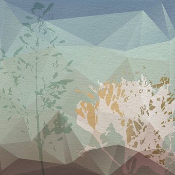 Modern abstract botanisch. Planten en vormen in mint, goud, bruin, blauw van Dina Dankers