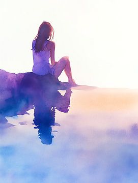 Vrouw aan het water, aquarel