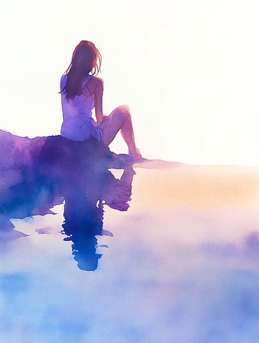 Vrouw aan het water, aquarel