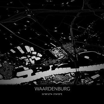 Black-and-white map of Waardenburg, Gelderland. by Rezona