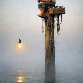 Angelnder Mann mit Licht über nebligem Wasser von But First Framing