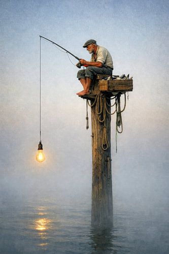 Fishing man on pole with light over foggy water by But First Framing
