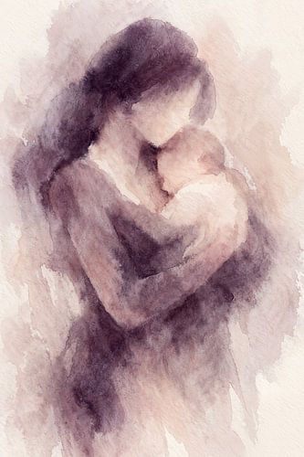Moeder houd haar zoon/dochter vast (AI) (moederdag, liefde, kind, baby, minimalistisch, spiritueel, schilderij))