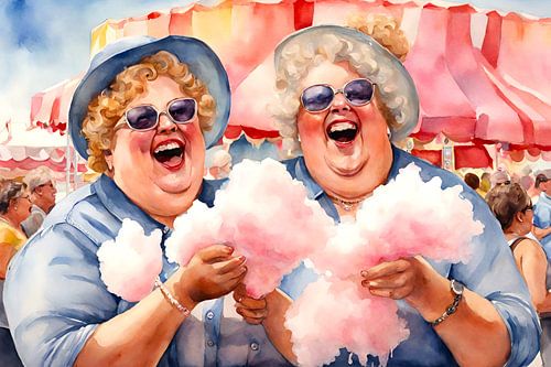 2 smiling ladies enjoy candyfloss