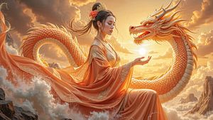 AURORIELLE – Une magicienne avec ses dragons dorés au bord de la mer