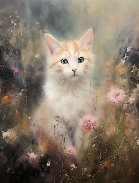 Lichtoranje Kitten in Mistige Bloementuin van Emil Husstege