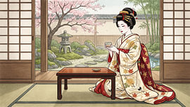 Graceful Geisha Enjoying Tea Inside a Serene Japanese Garden by my pixel art