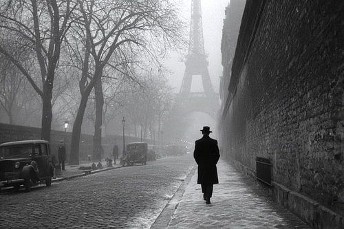 De man in de ochtendmist van Parijs
