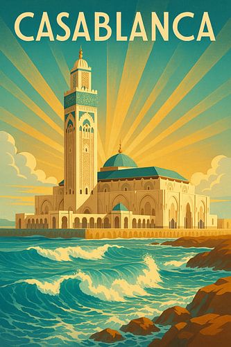 Casablanca Art Deco Poster - Hassan II Moskee en Atlantische golven
