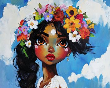Fille aux grands yeux | Fille joyeuse dans les fleurs sur Peintures accrocheuses