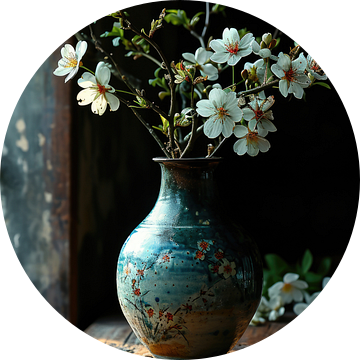 Blauwe vaas met bloemen op een oude houten tafel van Digitale Schilderijen