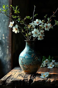 Blauwe vaas met bloemen op een oude houten tafel van Digitale Schilderijen