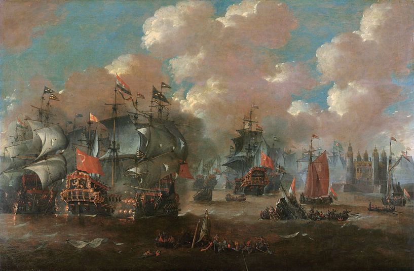 Schilderij: Zeeslag bij Elseneur in de Sont tussen de Hollandse en de Zweedse vloot, 8 november 1658 van Schilderijen Nu