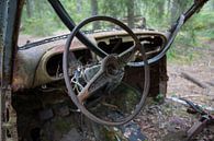 Stuur in auto op kerkhof in bos in Ryd, Zweden van Joost Adriaanse thumbnail
