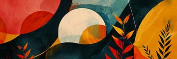 donkere abstracte wanddecoratie met gekleuren vormen als panorama van Digitale Schilderijen