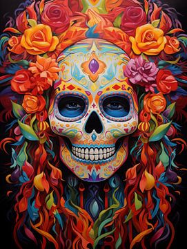 Colourful sugar skull with blue eyes by Frank Daske | Foto & Design