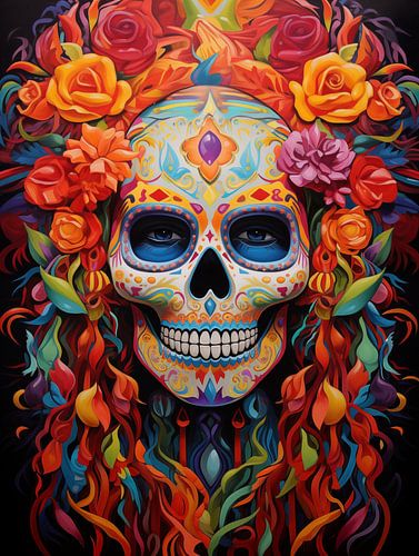 Kleurrijke suiker schedel met blauwe ogen