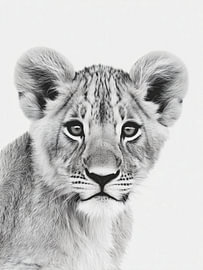 Lion Cub Close-Up – Black and White Safari Art