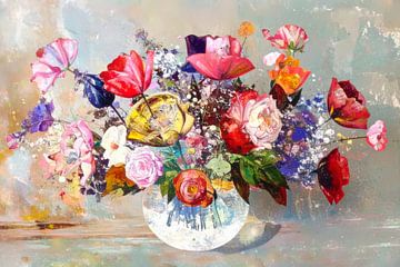 Summer Still Life: Colourful Flower Bouquet in Glass Vase