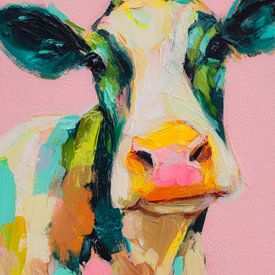 Colourful modern painting of a cow by But First Framing