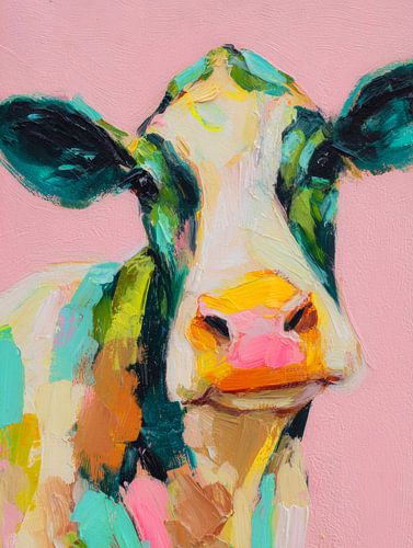 Buntes modernes Gemälde einer Kuh von But First Framing