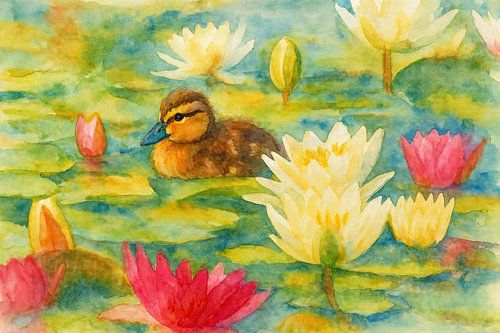 Eendje in vijver met waterlelies (AI) (rustgevend, schattig, lief, baby, vrolijk, aquarel, schilderij, roze, wit, groen)