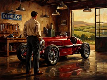 Vintage-Rennwagen in roter Farbe in einer Garagenszene