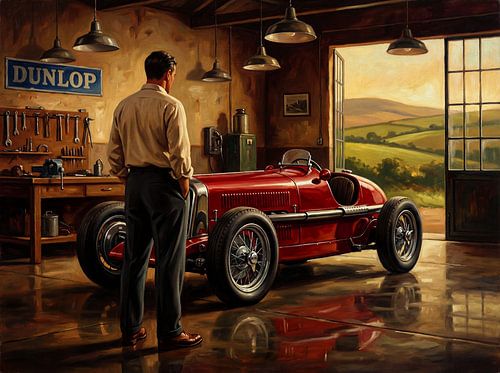 Vintage rode raceauto in garagescène